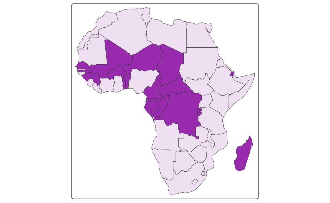 Map of Africa with French-speaking countries highlighted in purple. Most of these countries are situated in west and central Africa. A large exception is Madagascar, an inland state located off the southeastern coast of Africa. Perhaps surprisingly, north African countries such as Algeria and Morroco where French is widely spoken are not highlighted because it is no longer an official language in these former colonies of France.
