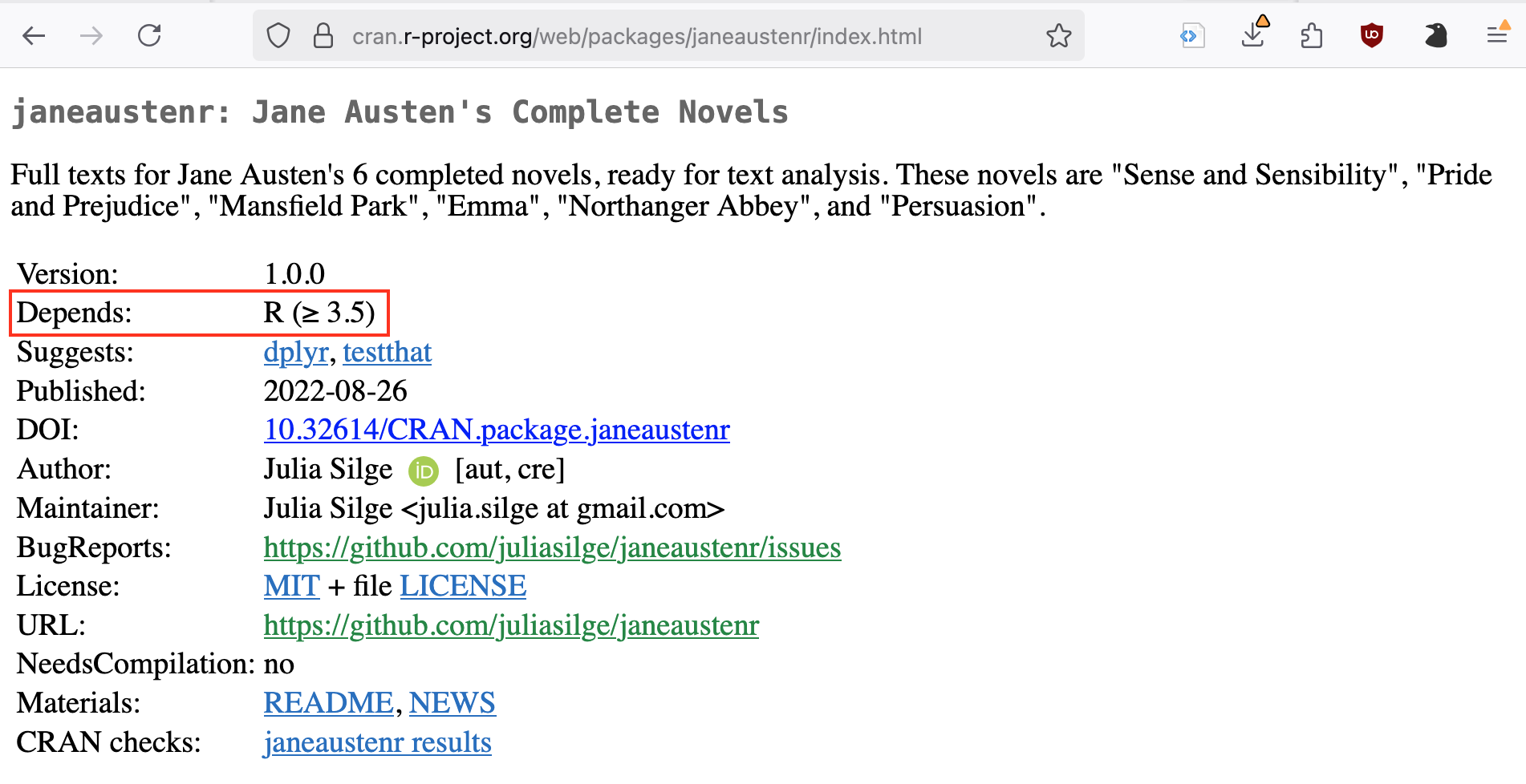janeaustenr: Jane Austen's Complete Novels Full texts for Jane Austen's 6 completed novels, ready for text analysis. These novels are "Sense and Sensibility" ", "Pride and Prejudice" ', "Mansfield Park" , "Emma". ', "Northanger Abbey", and "Persuasion". Version: Depends: Suggests: Published: DOI: Author: Maintainer: BugReports: License: URL: NeedsCompilation: no Materials: CRAN checks: 1.0.0 R (≥ 3.5) dplyr, testthat 2022-08-26 10.32614/CRAN.package.janeaustenr Julia Silge I [aut, cre] Julia Silge < julia silge at gmail.com> https://github.com/juliasilge/janeaustenr/issues MIT + file LICENSE https://github.com/juliasilge/janeaustenr README, NEWS janeaustenr results