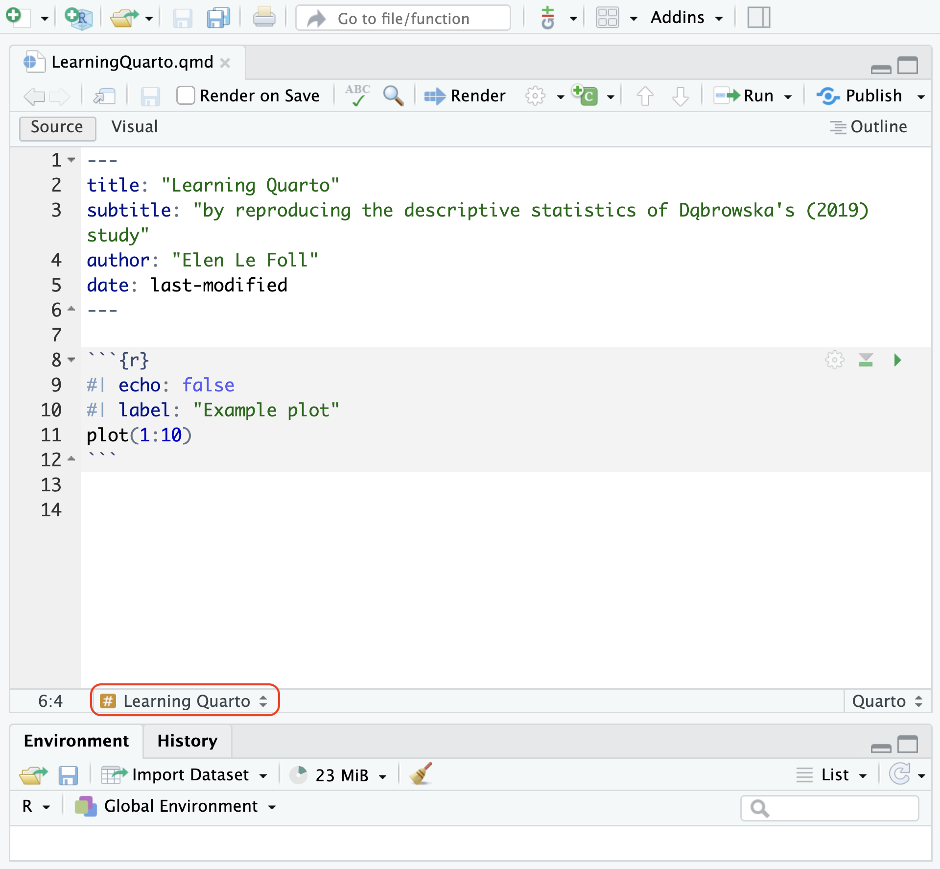 Quarto document open in Source mode in RStudio with the header that we inserted earlier (Title: Learning Quarto, etc.) and the `plot(1:10)` R code chunk with a label and the code chunk option: echo: FALSE